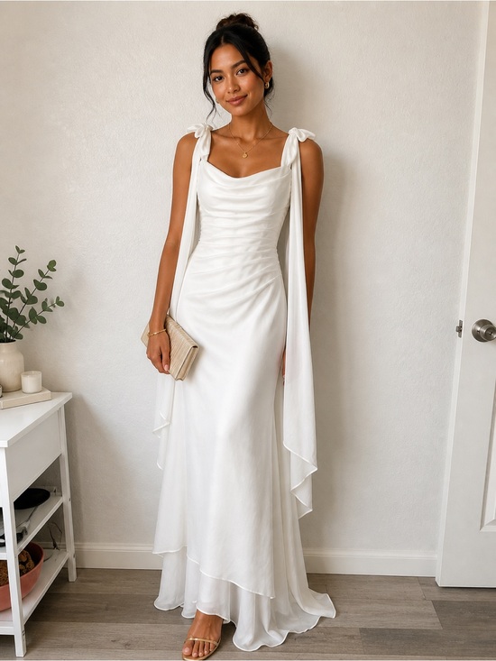 No Label Dresses & Skirts - White Tie-Shoulder Cowl-Neck Bridal Gown
